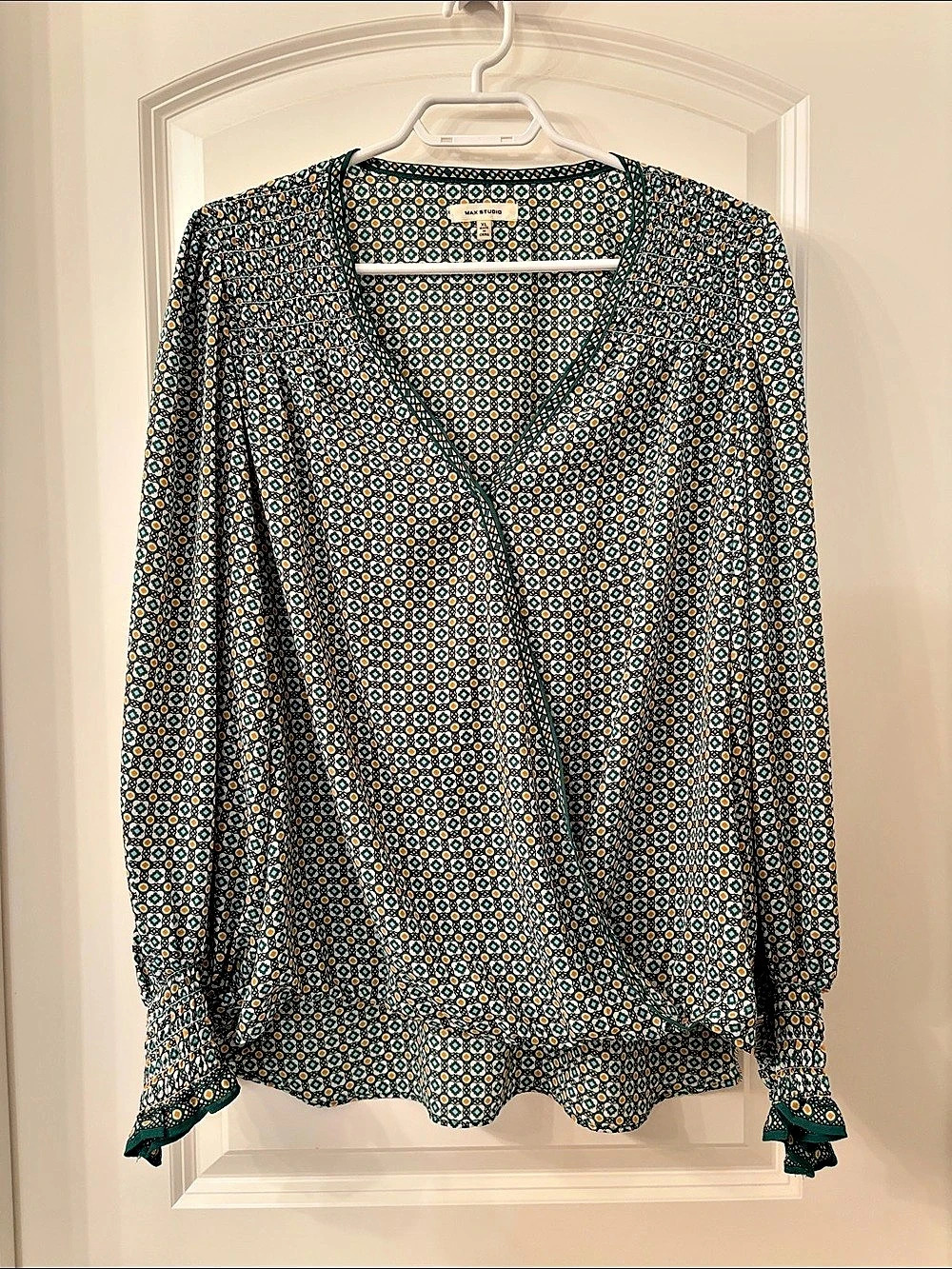 Max Studio Green Geometric Print Faux Wrap Smocked Cuff Blouse Green, White, &
